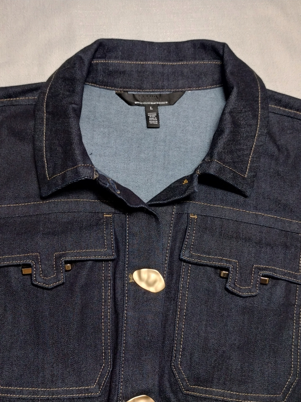 White House Black Market Navy Blue Denim Jacket with Gold Accents - Picture 10 of 12